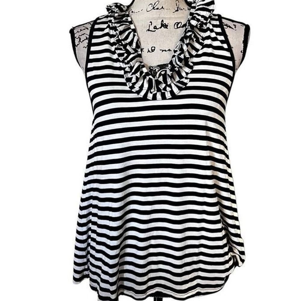 Crown & Ivy Womens Black White Striped Ruffle V-Neck Sleeveless Top Small